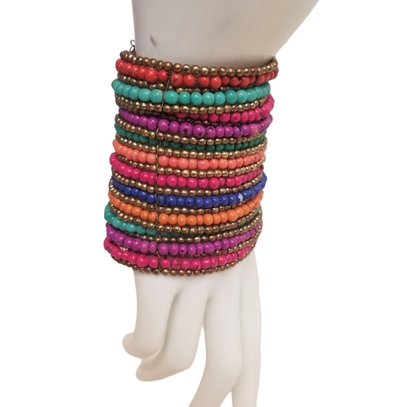 VINTAGE TALL HANDMADE MULTICOLOR SEED BEAD ETHNIC BOHO STATEMENT CUFF BRACELET - Picture 2 of 6
